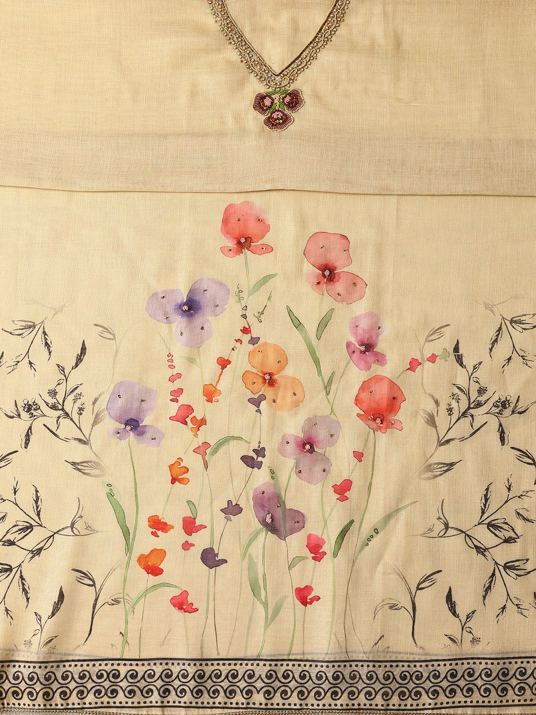 Beige Printed Cotton Blend Dress Material With Dupatta