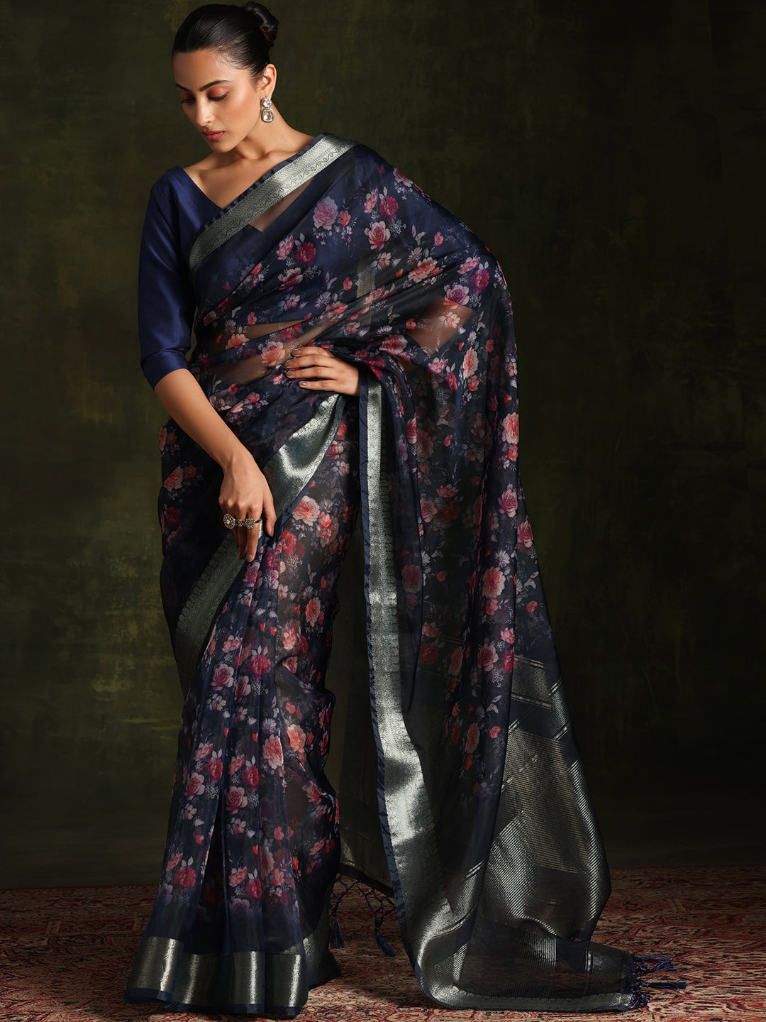 Blue Printed Organza Saree With Unstitched Blouse Piece