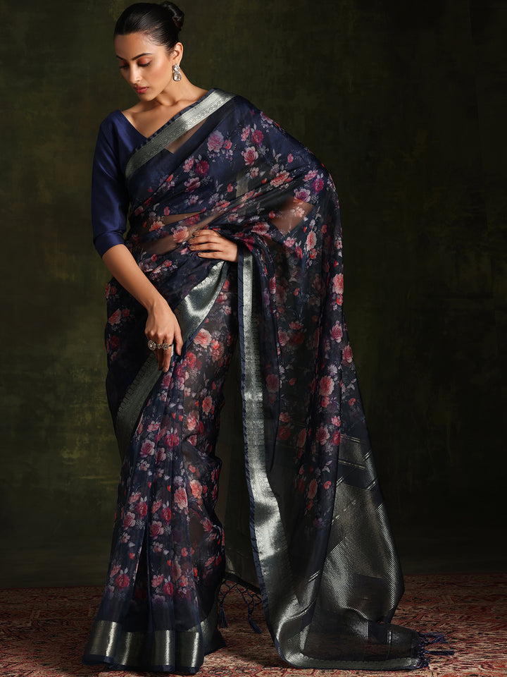 Blue Printed Organza Saree With Unstitched Blouse Piece