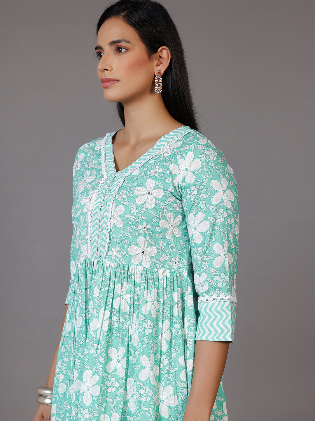 Green Printed Cotton Anarkali Kurta Set