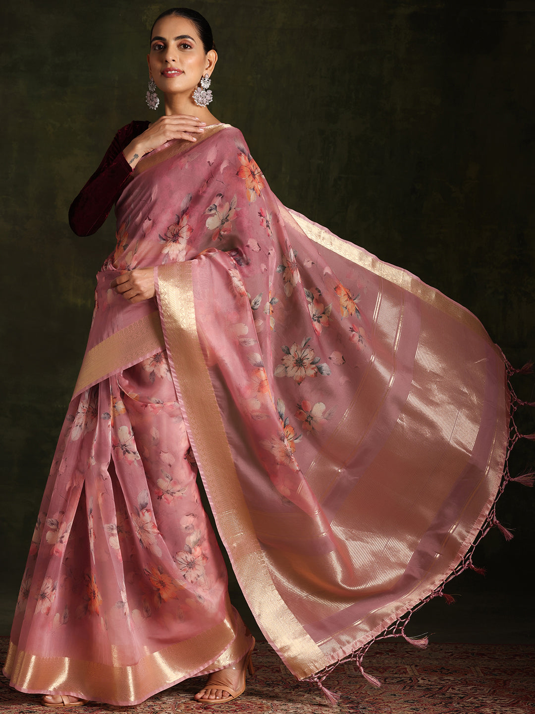 Mauve Printed Organza Saree With Unstitched Blouse Piece