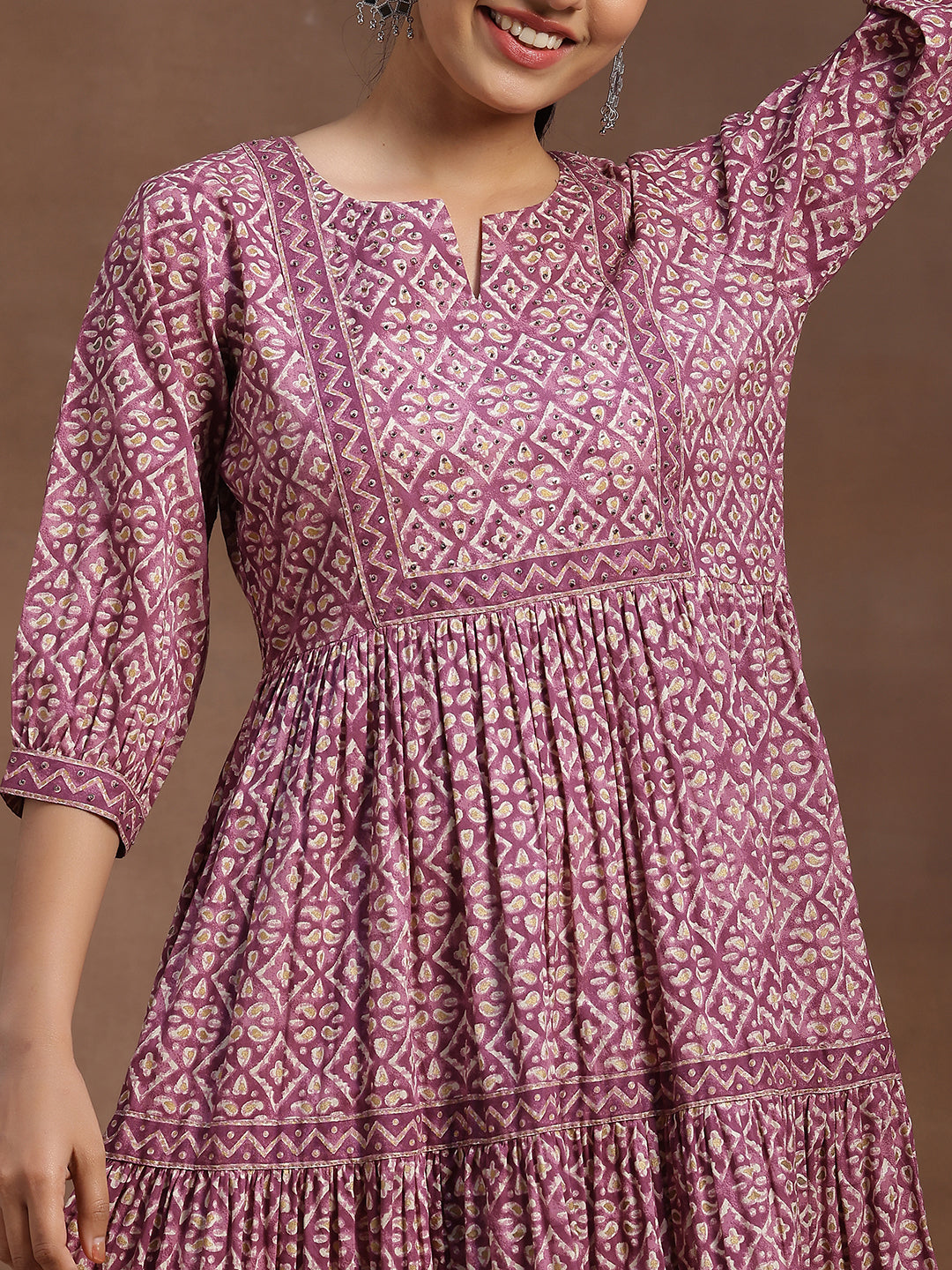 Purple Printed Cotton Tiered A-Line One Piece Dress