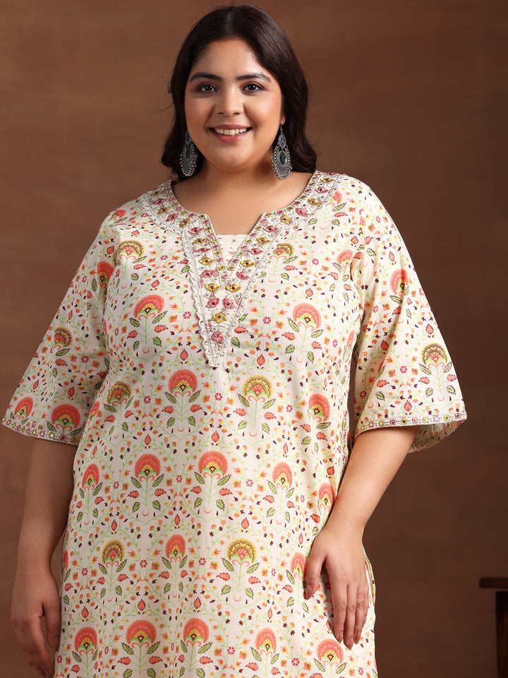 Plus Size Off White Printed Cotton Straight Kurta With Salwar