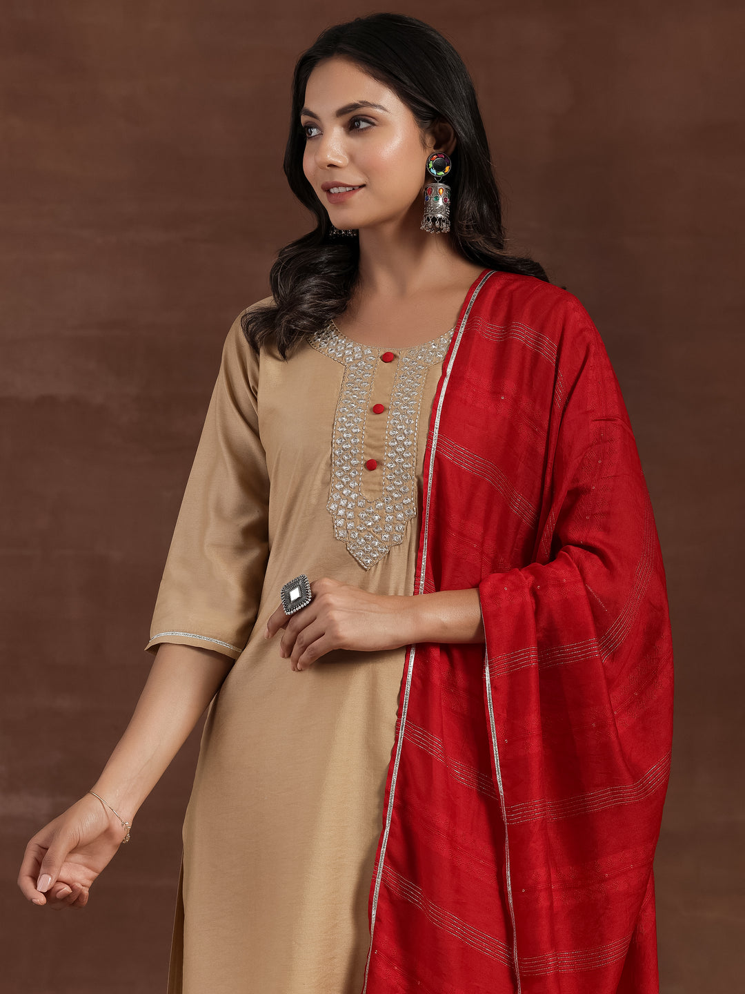 Beige Yoke Design Silk Blend Straight Kurta With Trousers & Dupatta