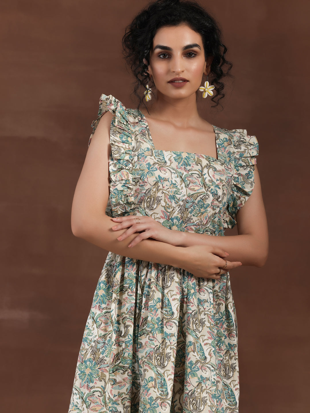 White Printed Cotton Fit and Flare Dress