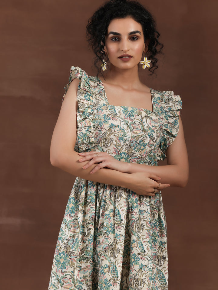 White Printed Cotton Fit and Flare Dress