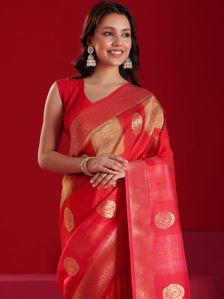 Libas Art Red Orange Woven Design Satin Saree With Unstitched  Blouse Piece