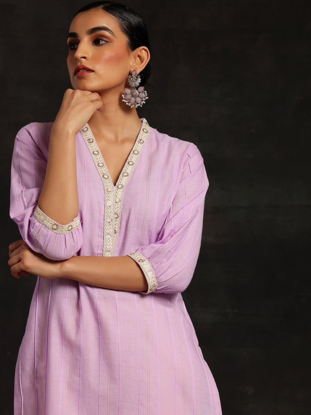 Purple Woven Design Cotton Straight Kurta - ShopLibas