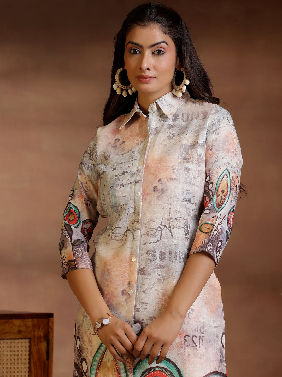 Off White Printed Cotton Blend A-Line Dress