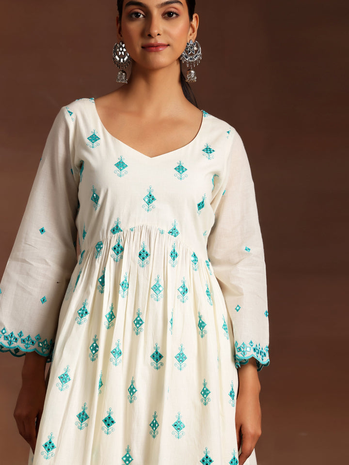 Off White Embroidered Cotton Anarkali Suit With Dupatta