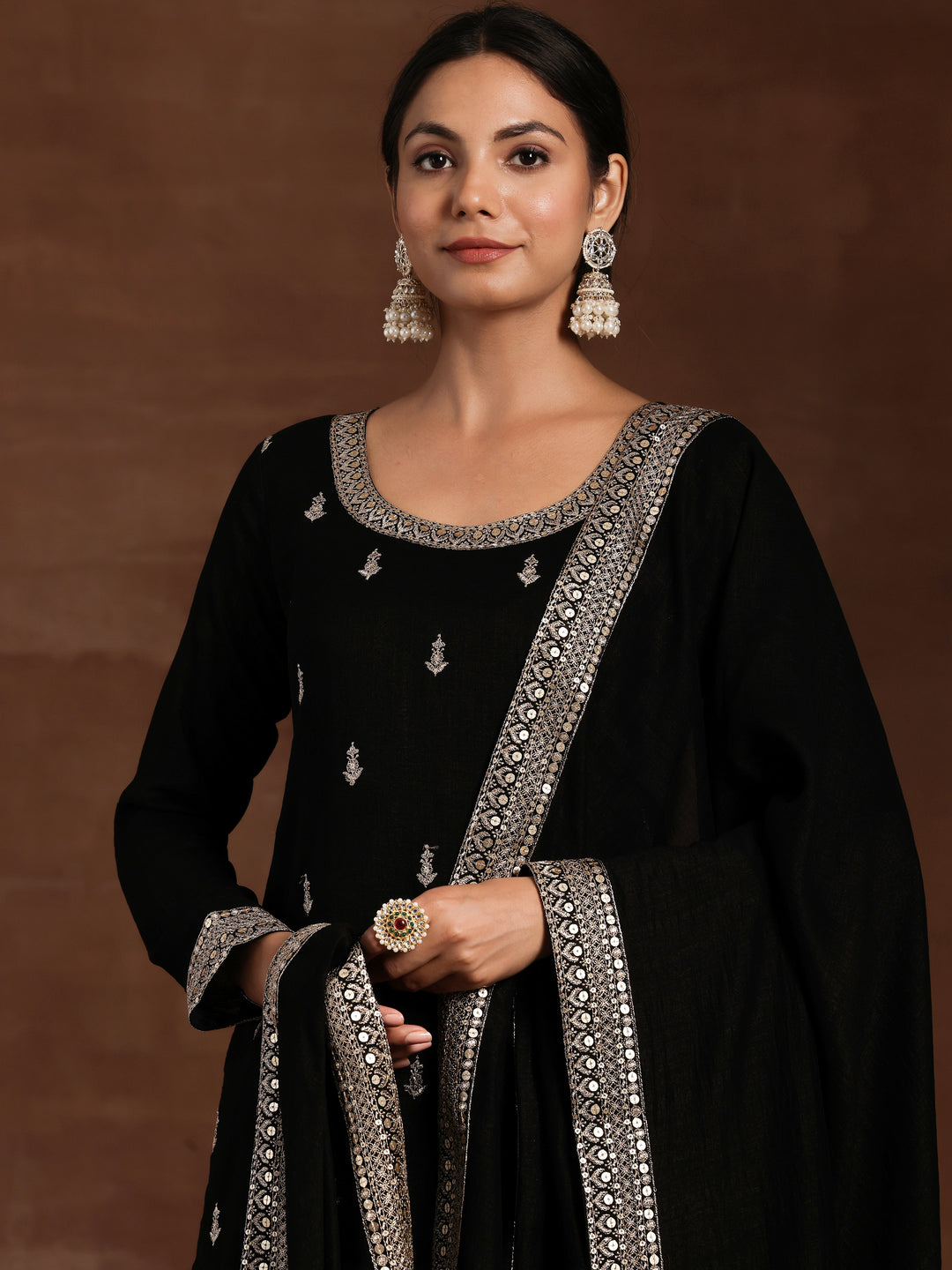 Black Embroidered Silk Blend Straight Suit With Dupatta