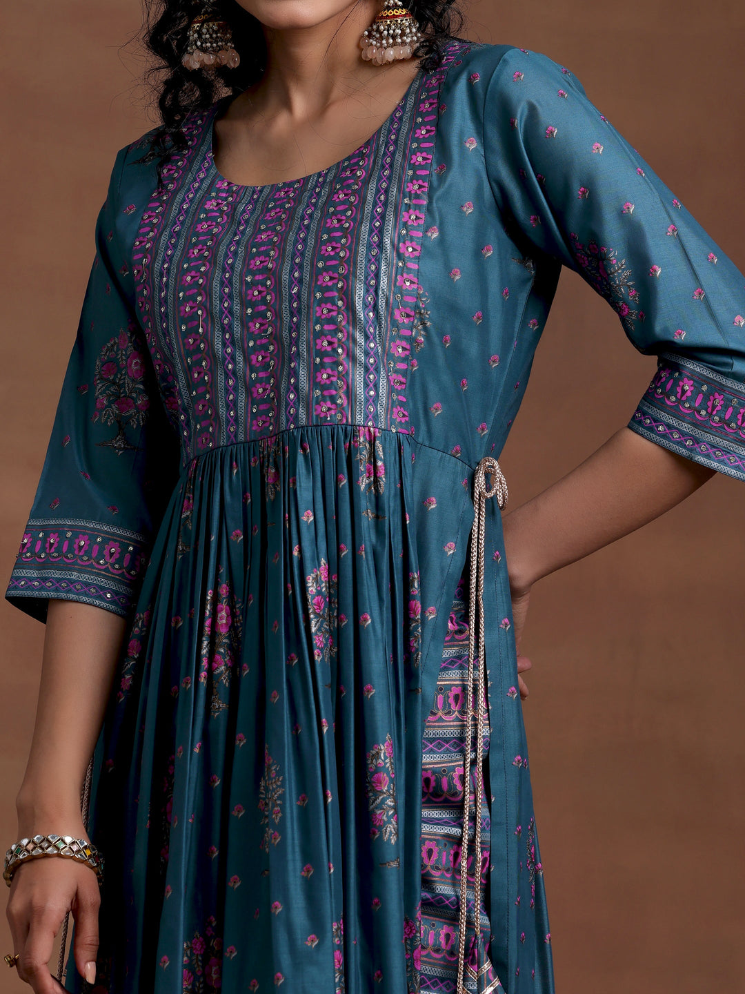 Blue Printed Silk Blend A-Line Kurta With Palazzos & Dupatta