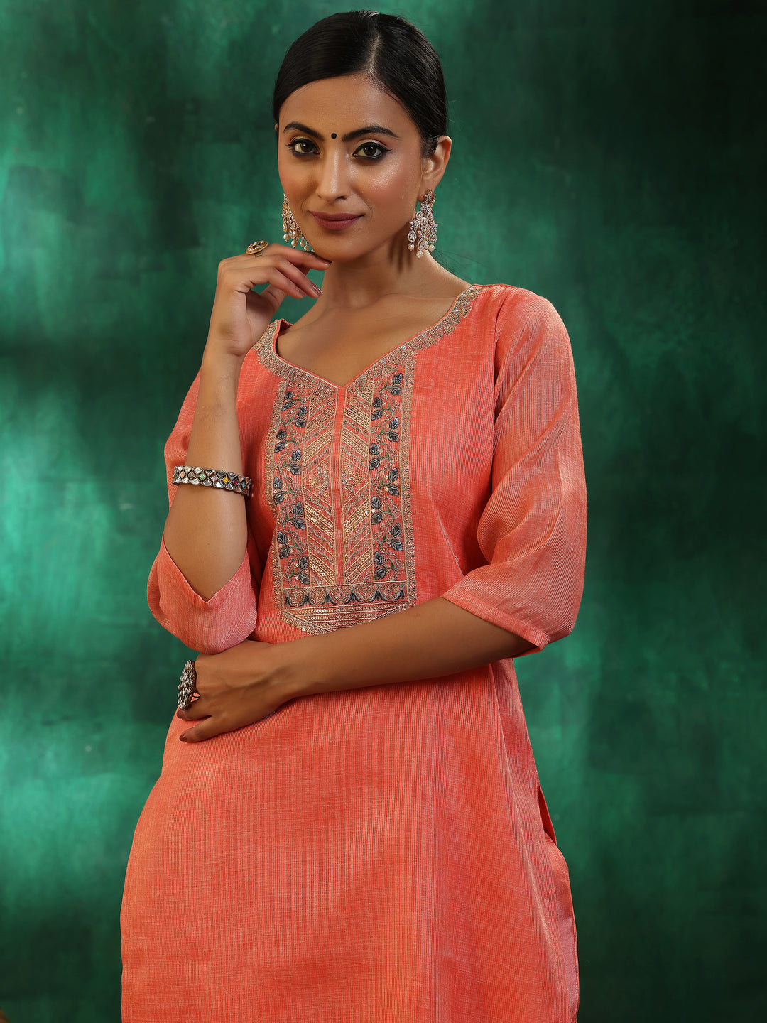 Peach Yoke Design Silk Blend Straight Suit With Dupatta