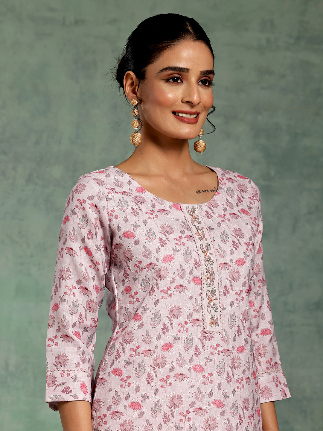 Lilac Printed Cotton Straight Suit With Dupatta