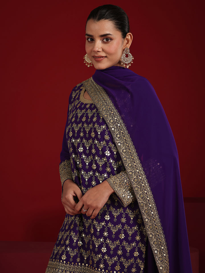 Libas Art Purple Embroidered Georgette Straight Suit Set With Dupatta