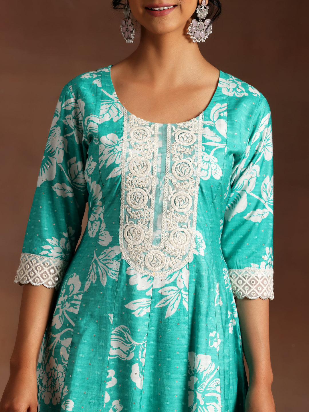 Mahira  Green Printed Silk Blend A-Line Kurta With Trousers & Dupatta