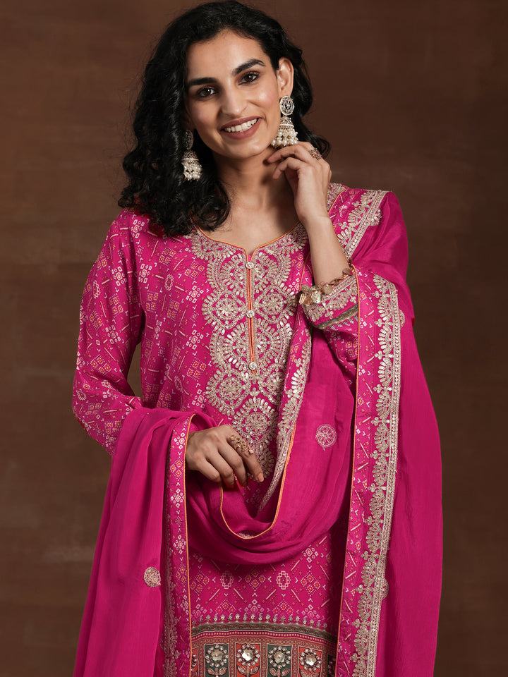 Libas Art Pink Printed Silk Blend Straight Suit With Dupatta