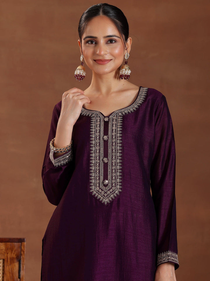 Wine Embroidered Silk Blend Straight Suit With Dupatta