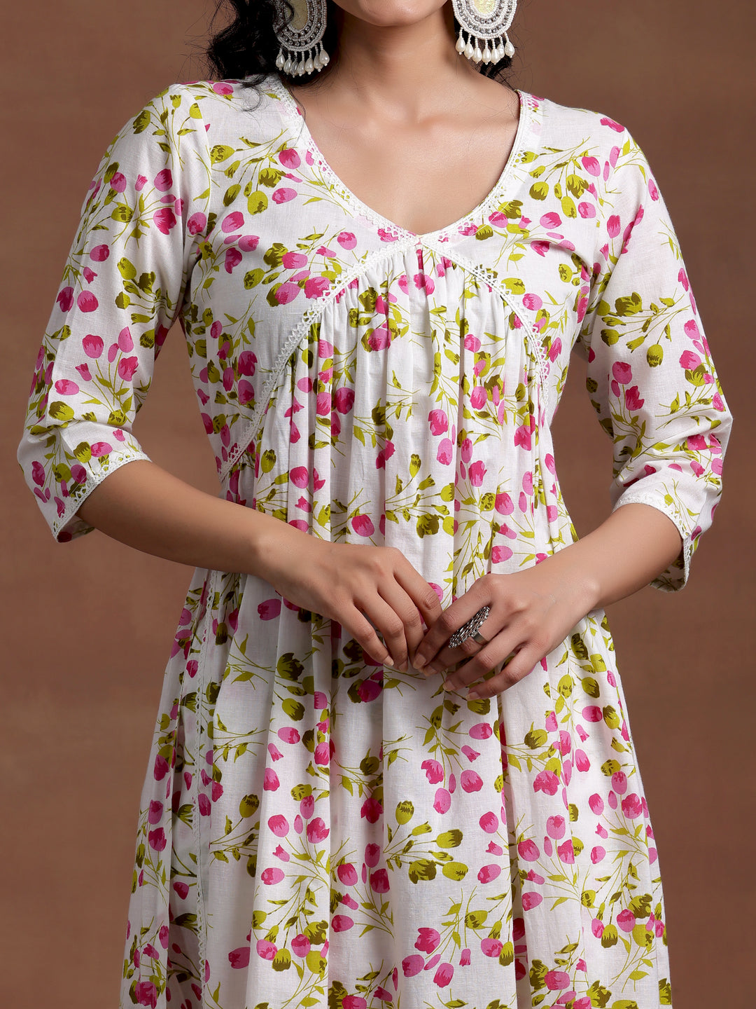 Off White Printed Cotton A-Line Kurta With Palazzos & Dupatta