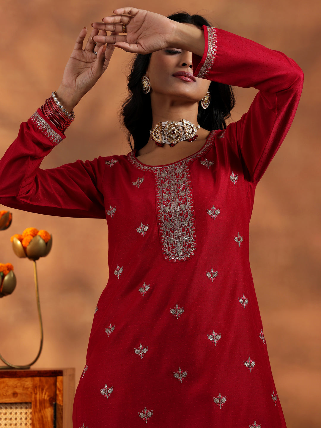 Red Embroidered Silk Blend Straight Suit With Dupatta