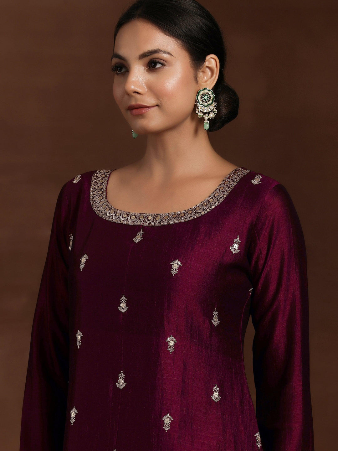 Maroon Embroidered Silk Blend Straight Suit With Dupatta