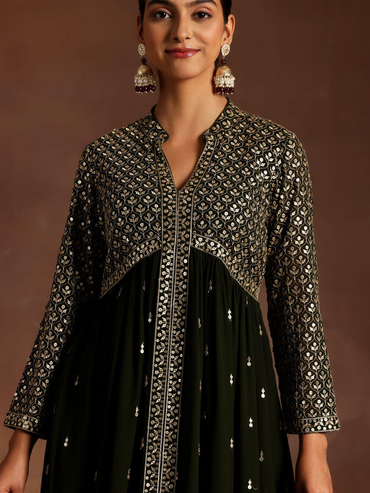 Libas Art Chandni Olive Embroidered Georgette A-Line Kurta With Trousers & Dupatta