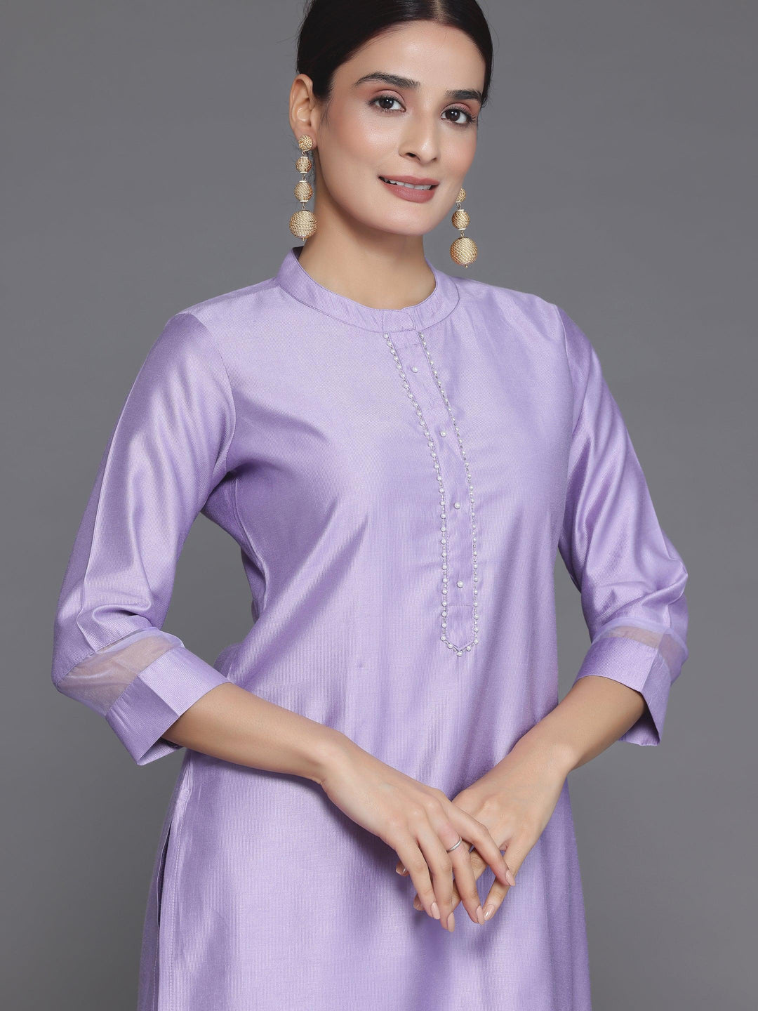 Lavender Solid Silk Blend Straight Suit With Dupatta