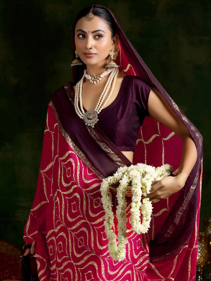 Pink Printed Chiffon Saree With Unstitched Blouse Piece