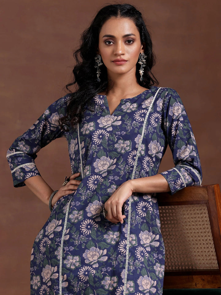 Blue Printed Cotton Straight Kurta Set