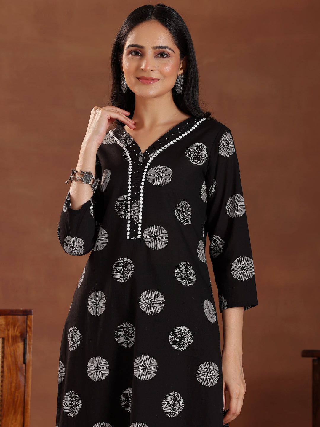 Black Printed Cotton Straight Suit With Dupatta