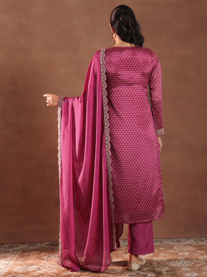 Pink Printed Silk Blend Straight Suit With Dupatta