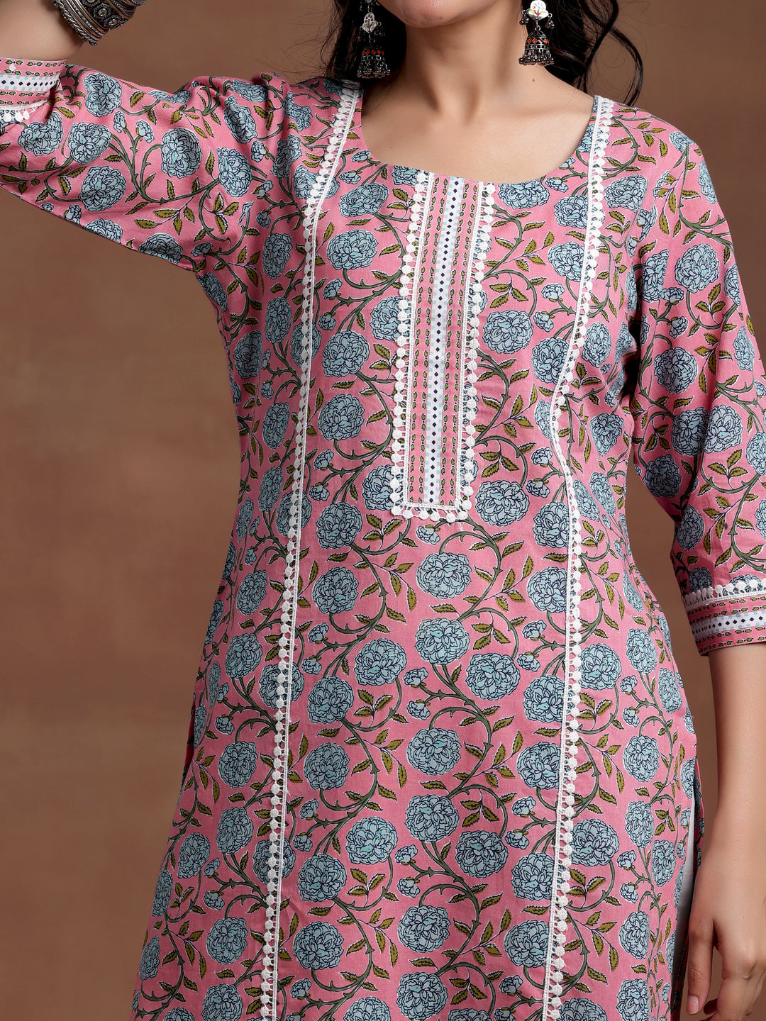 Pink Printed Cotton Straight Kurta