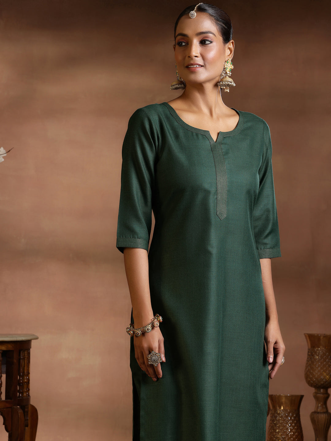 Green Solid Cotton Blend Straight Suit With Dupatta