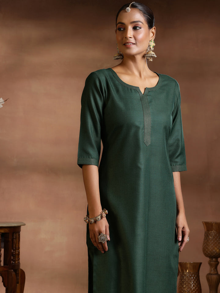 Green Solid Cotton Blend Straight Suit With Dupatta