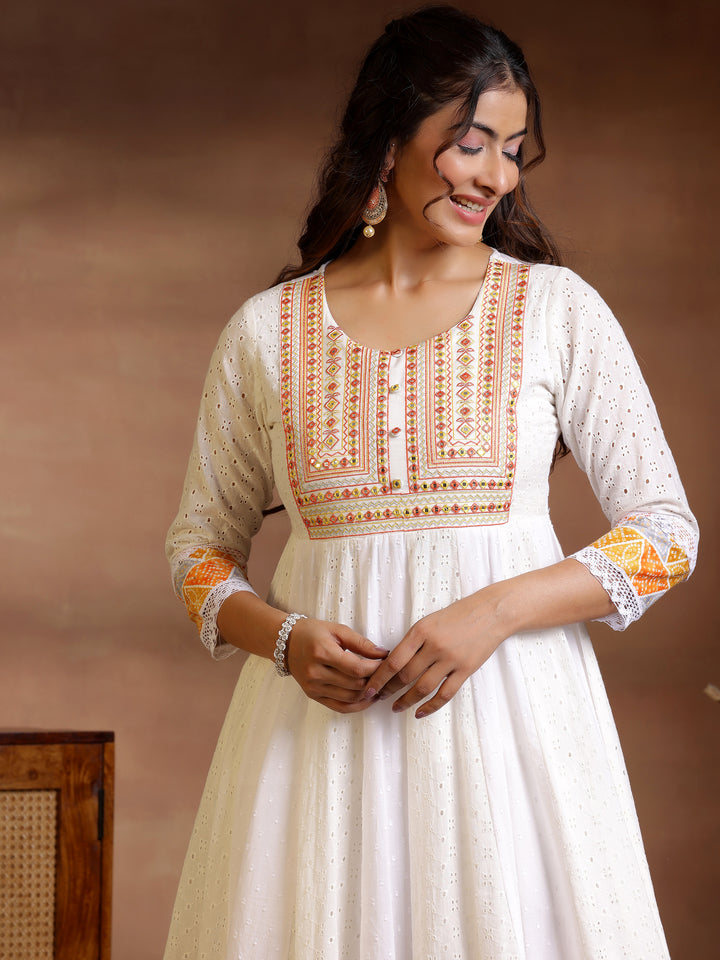 White Self Design Cotton Anarkali Suit With Dupatta