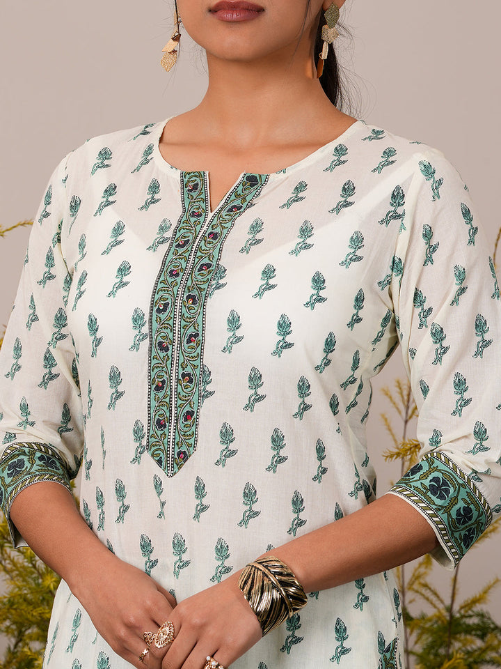 Off White Printed Cotton Straight Suit With Dupatta