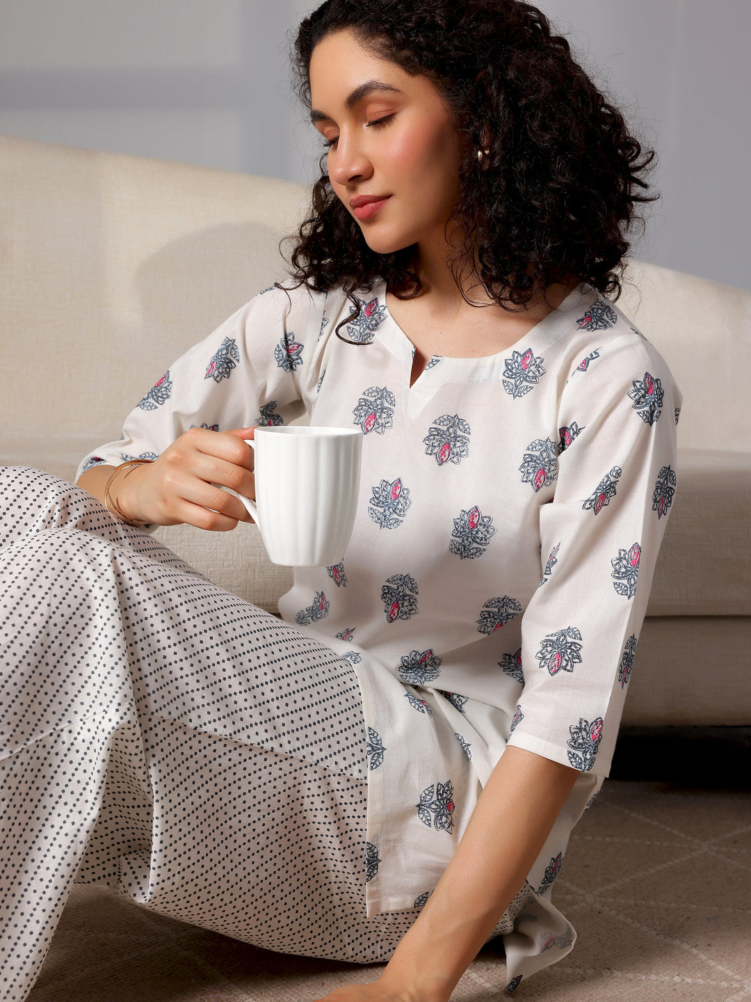 Cream Printed Cotton Night Suits