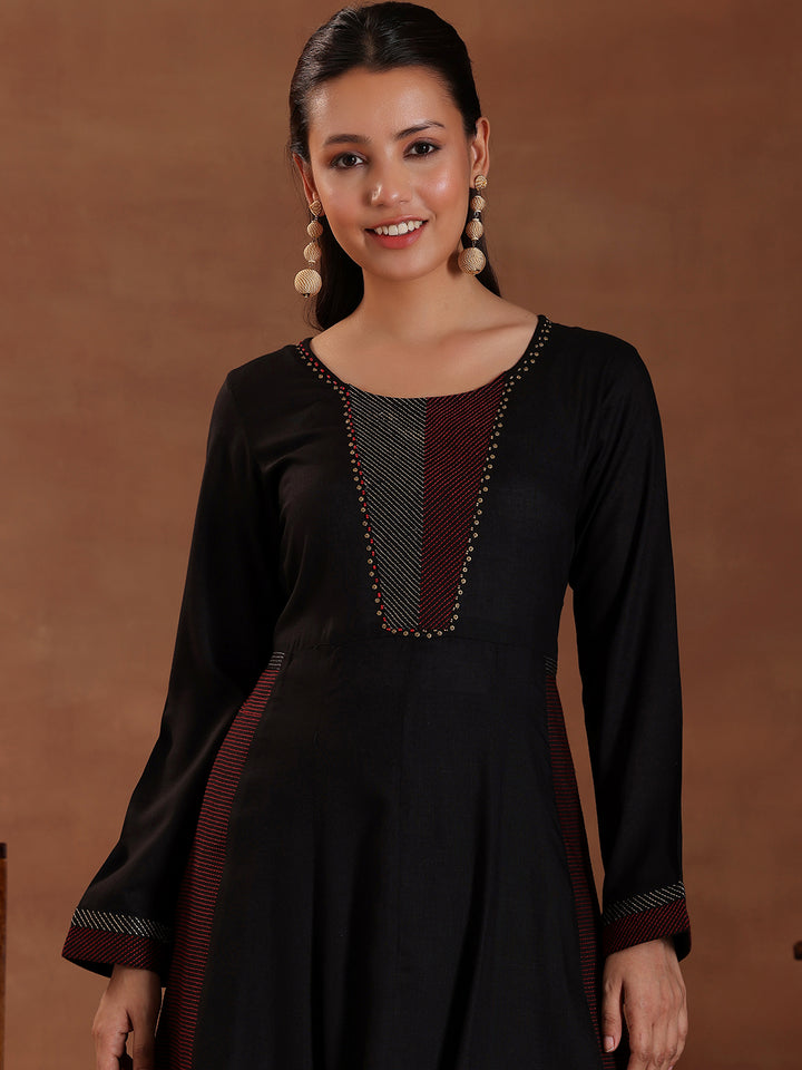 Black Self Design Pure Viscose Rayon A-Line Kurta Set