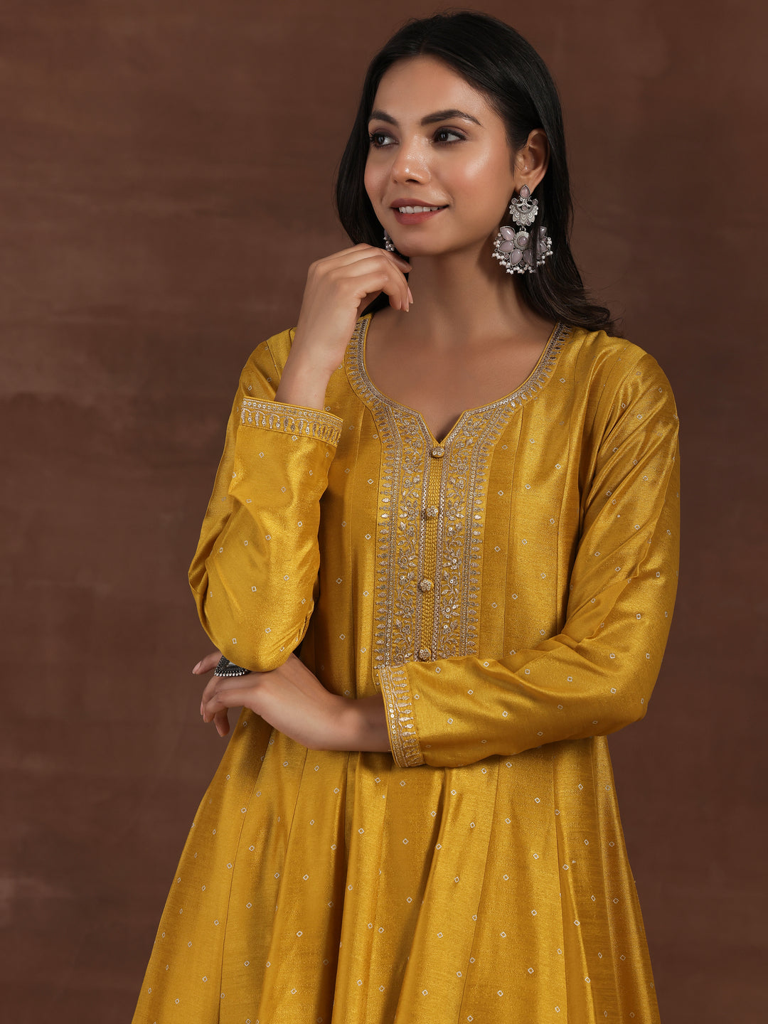 Mustard Embroidered Silk Blend A-Line Kurta With Palazzos & Dupatta