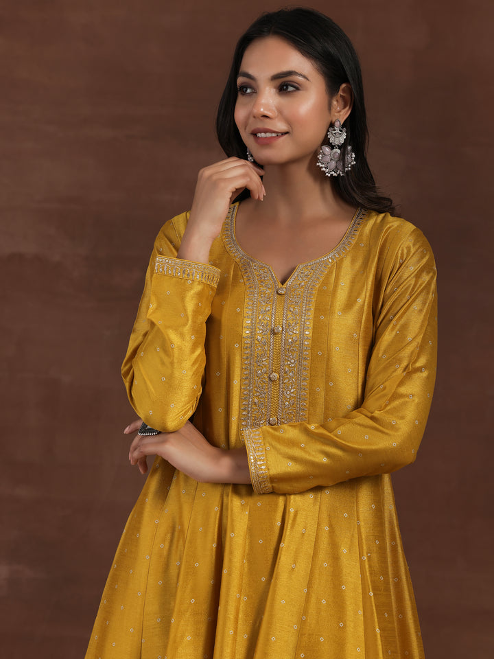 Mustard Embroidered Silk Blend A-Line Kurta With Palazzos & Dupatta