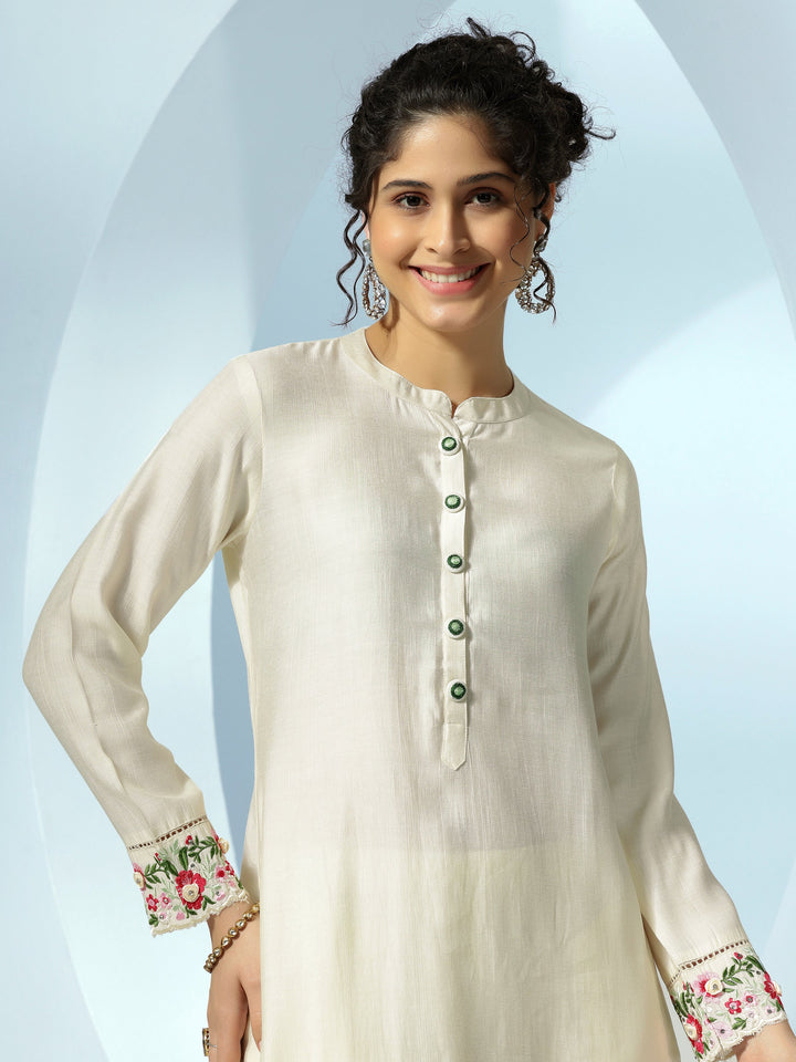 Off White Embroidered Silk Blend Straight Kurta Set