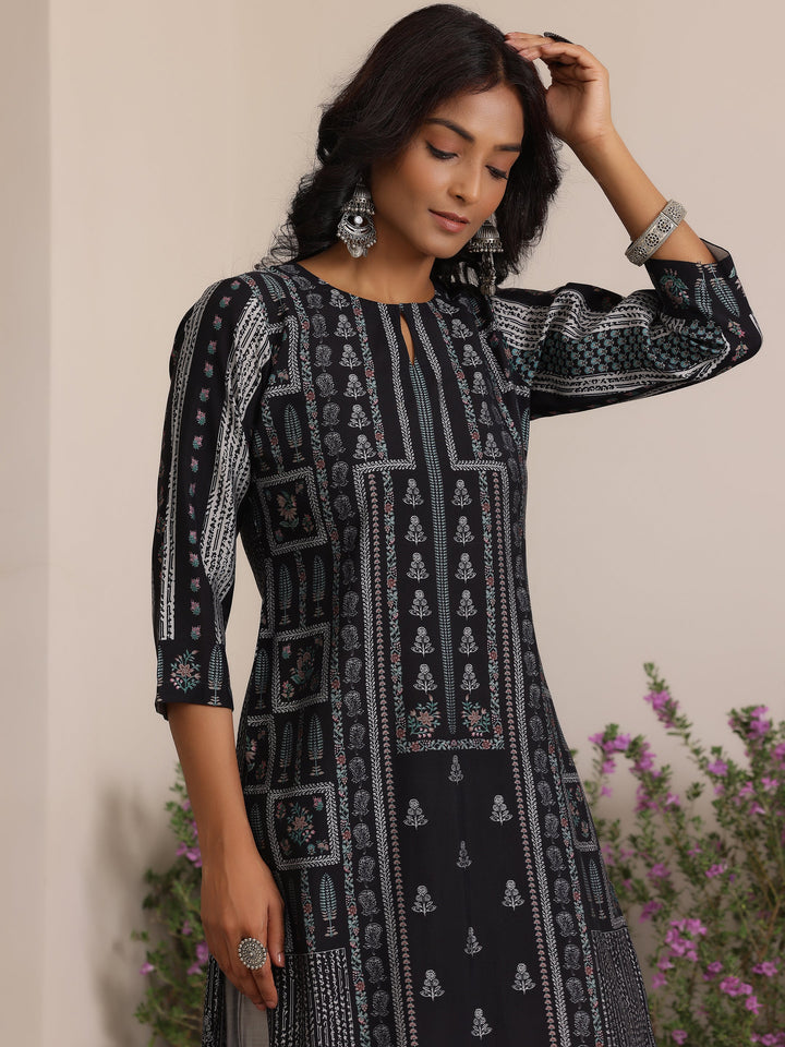 Black Printed Silk Blend Straight Suit With Dupatta