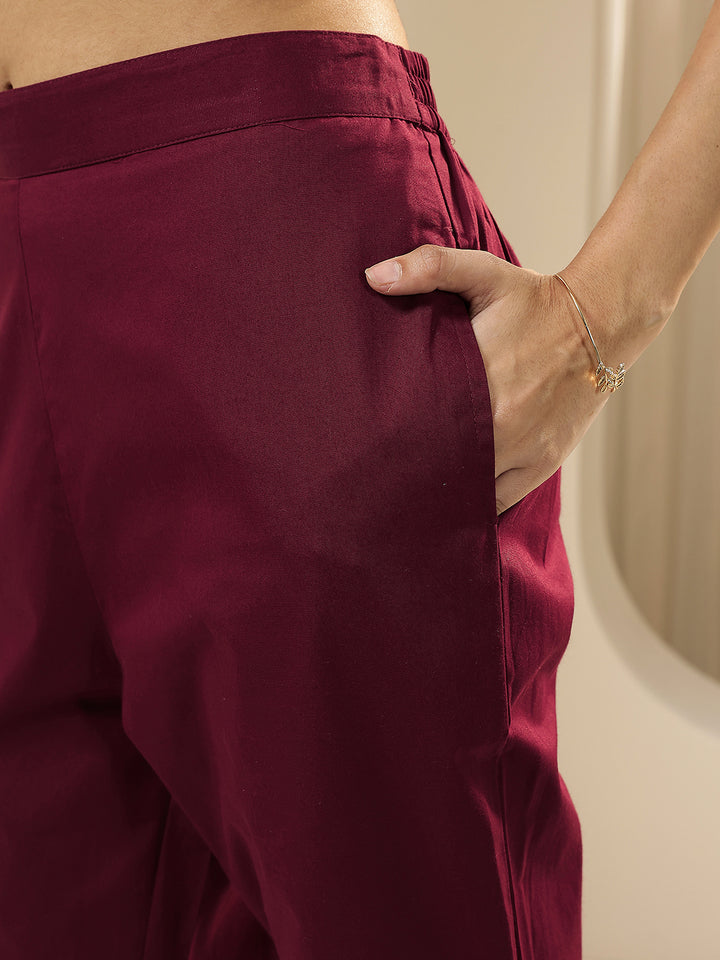 Maroon Self Design Cotton Trousers