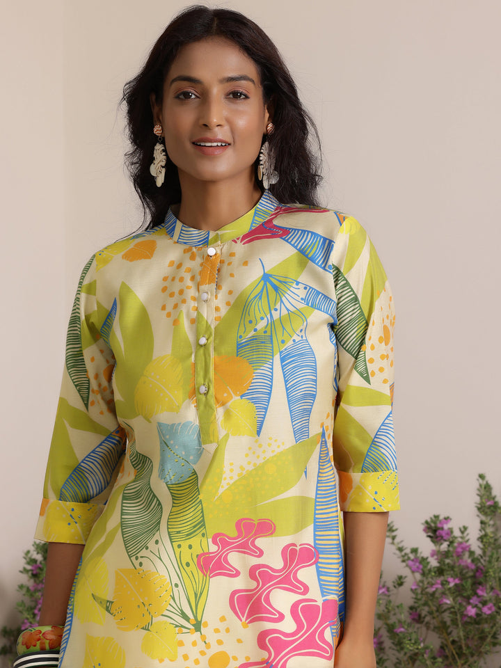 Cream Printed Silk Blend Straight Kurti