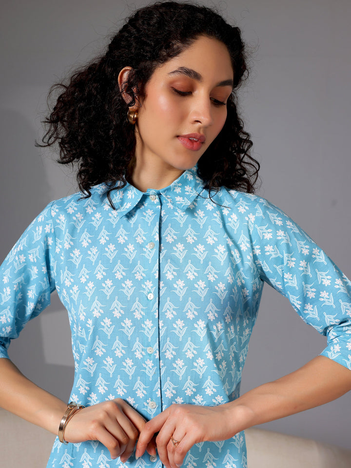 Blue Printed Cotton Night Suits