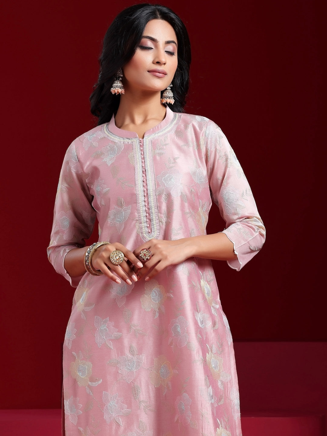 Libas Art Pink Embroidered Chanderi Silk Straight Suit With Dupatta