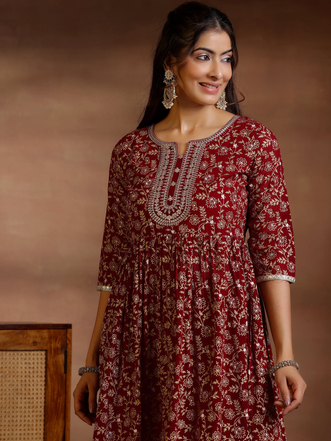 Maroon Printed Georgette A-Line Kurta With Trousers & Dupatta