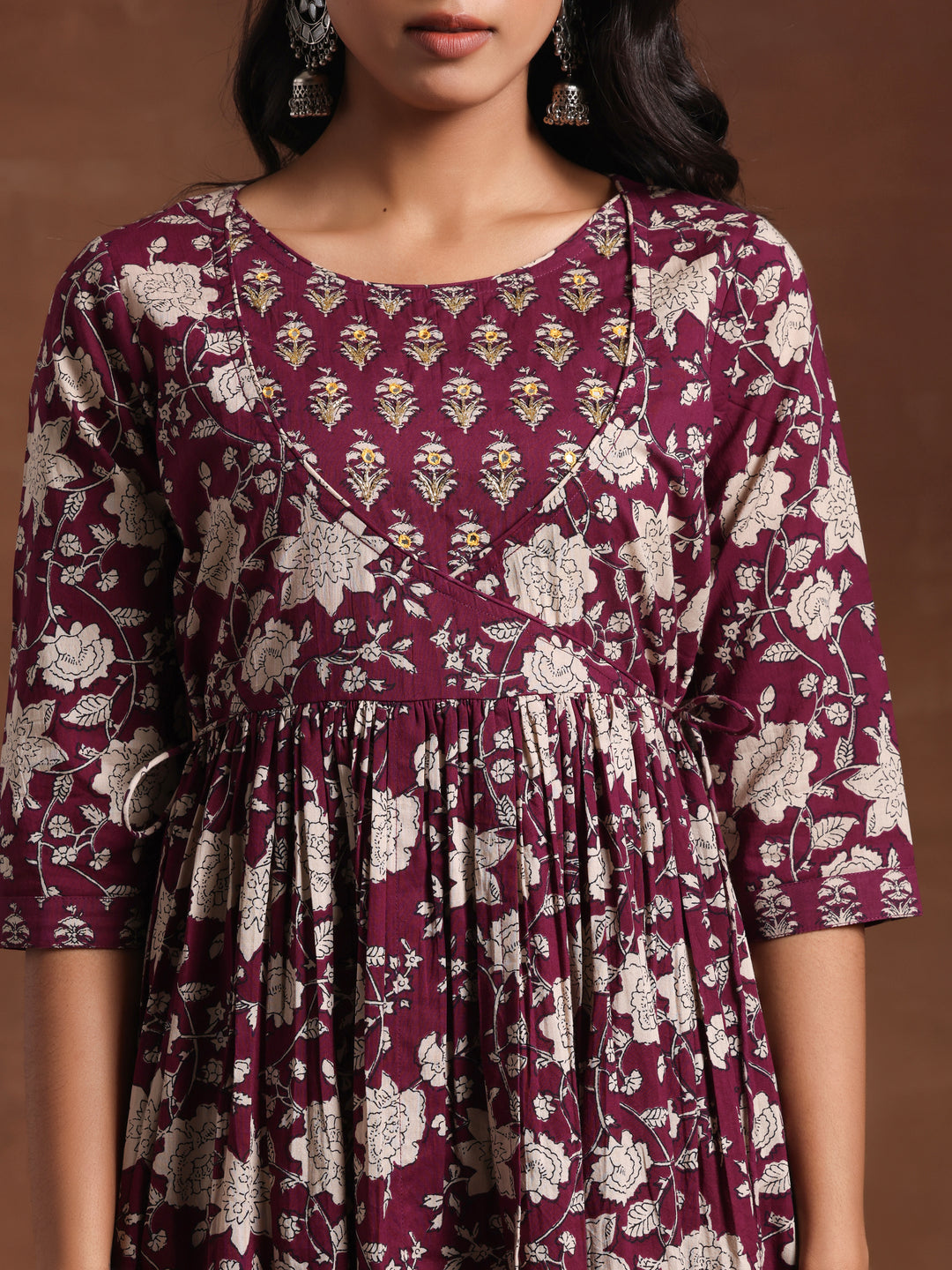 Wine Printed Pure Cotton Anarkali Suit With Dupatta