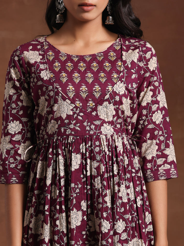 Wine Printed Pure Cotton Anarkali Suit With Dupatta