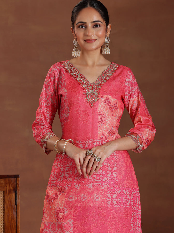 Pink Printed Cotton Blend Straight Suit With Dupatta